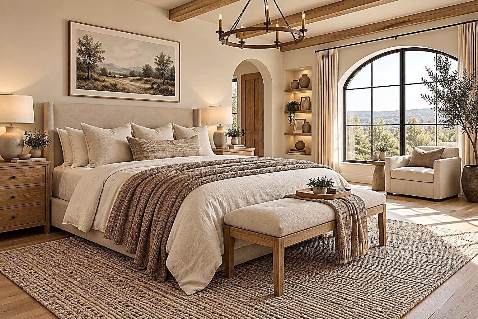 Restful primary bedroom with a wood-beamed ceiling