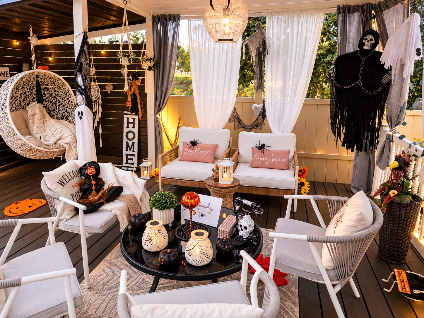 Close-up of Halloween patio styling with pumpkin accents and warm lantern light