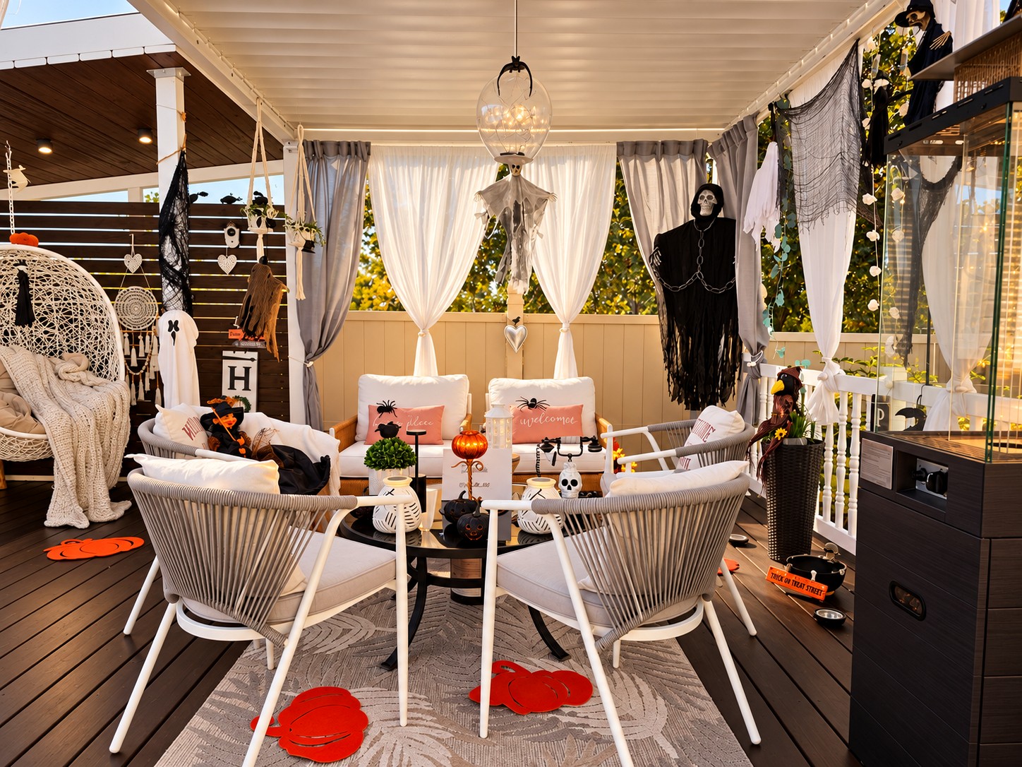 Halloween patio lounge with hanging pendant light and a black-robed skeleton figure