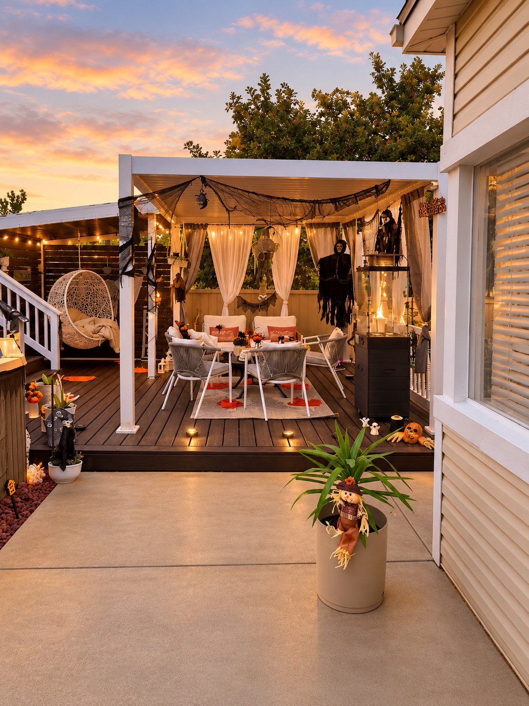 Halloween patio seating with blush accent pillows and a chained skeleton figure