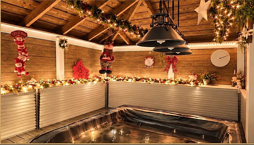 Covered spa lounge decorated for the holidays with garland and string lights