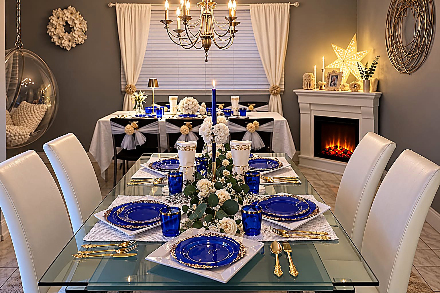 Handmade holiday table setting in blue and gold beside a lit fireplace