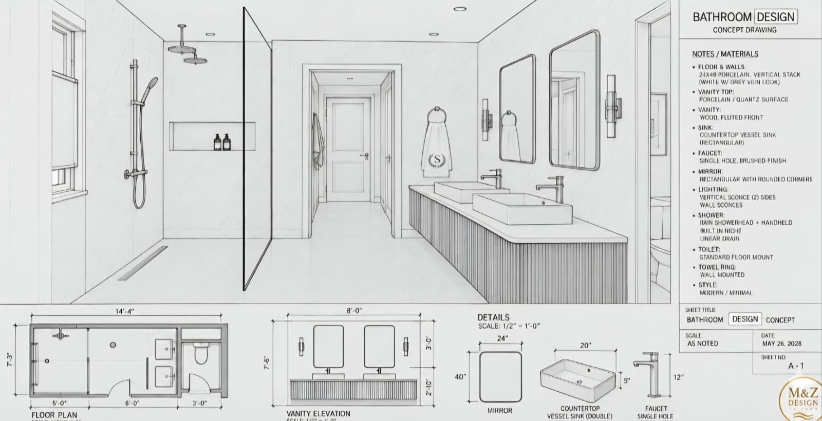 M&Z bathroom concept drawing: perspective view, floor plan with dimensions, vanity elevation, fixture details and a written materials schedule
