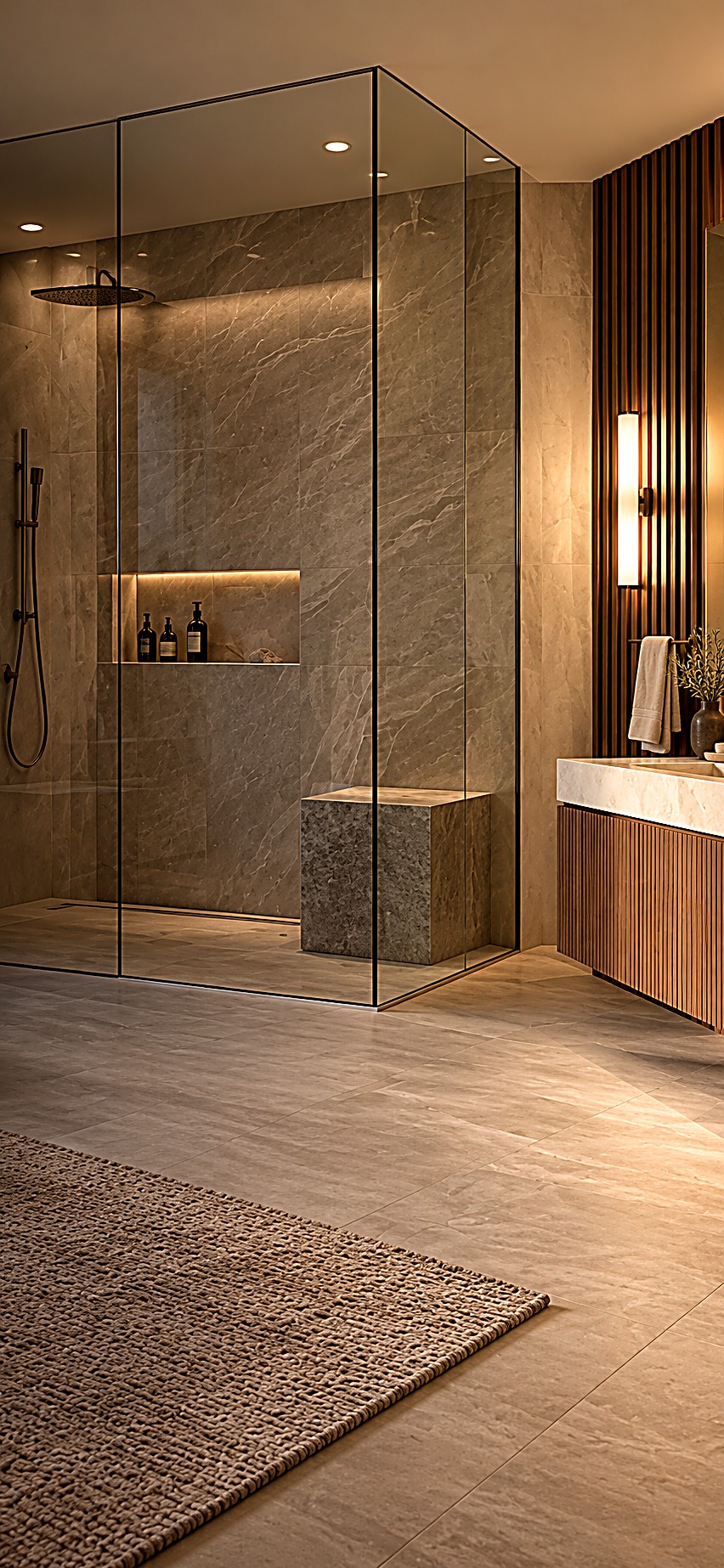 Glass-enclosed walk-in shower with marble walls and a stone bench beside a warm wood-slat vanity wall, an M&Z-designed spa bath