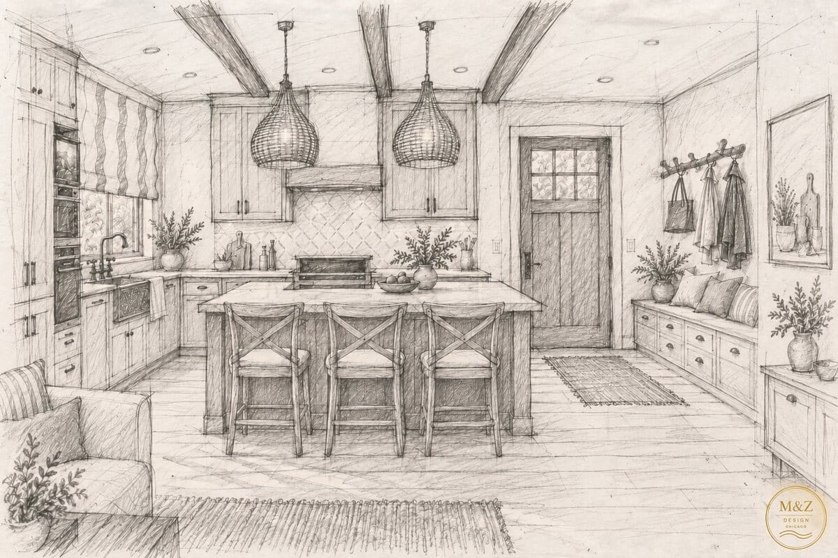 Pencil perspective drawing of a farmhouse-style kitchen: a central island with three cross-back stools, two woven pear-shaped pendant lights, a craftsman door and a built-in bench with hooks