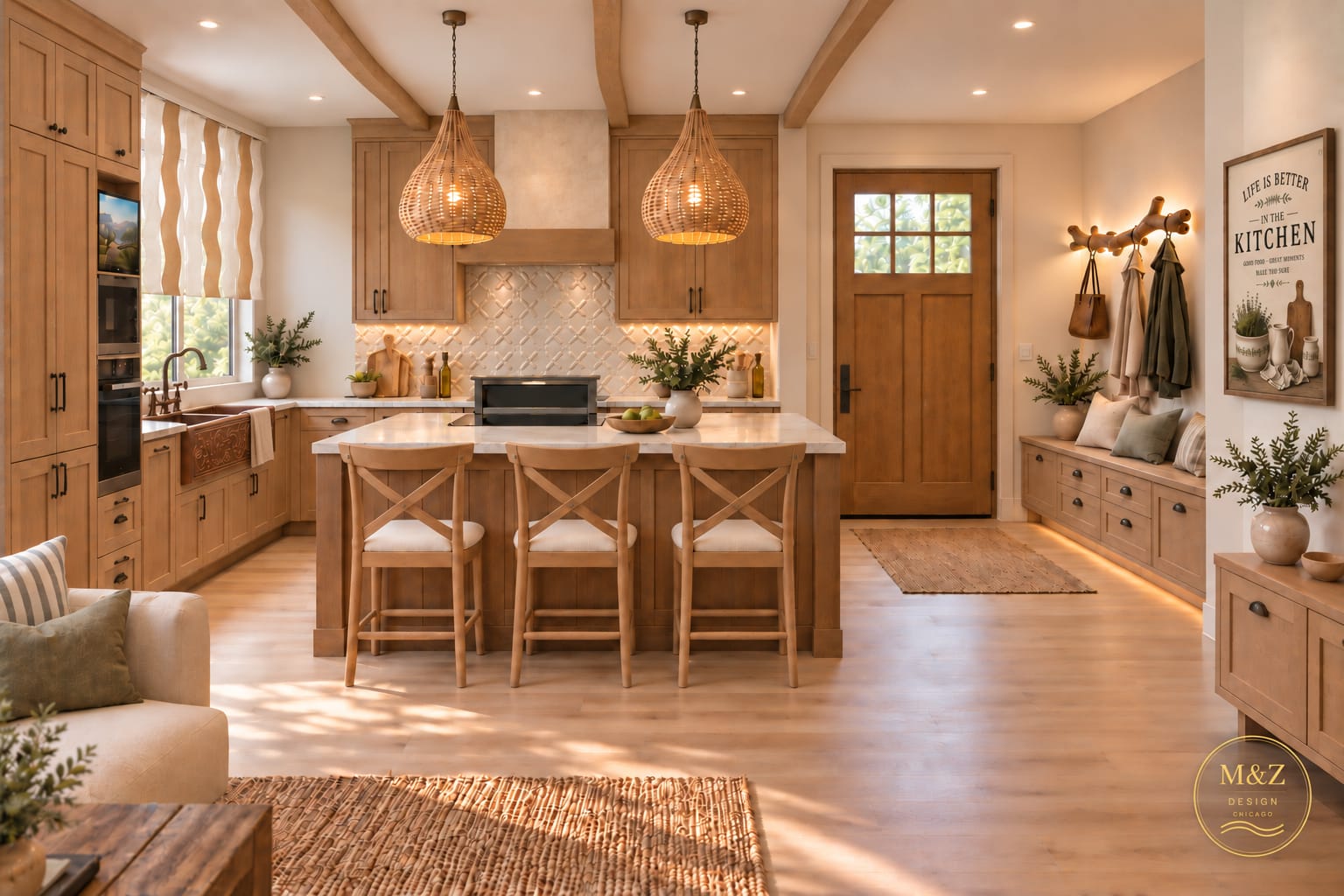 Farmhouse-style kitchen with warm wood cabinetry, an island with cross-back stools and rattan pear-shaped chandeliers