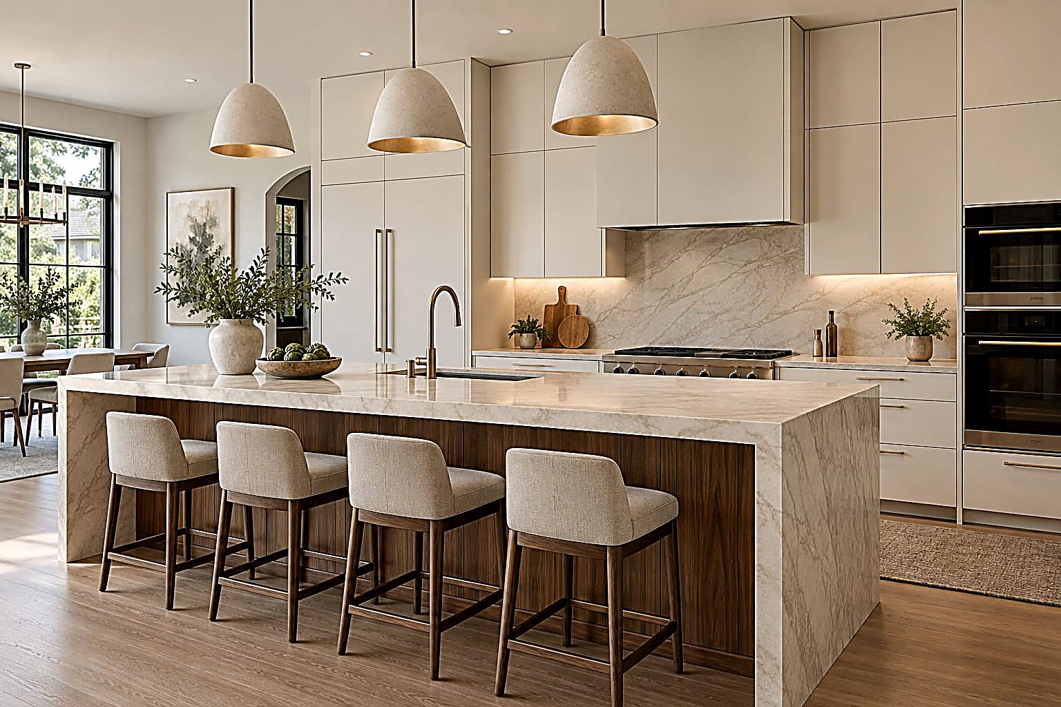 Marble waterfall kitchen island with walnut base