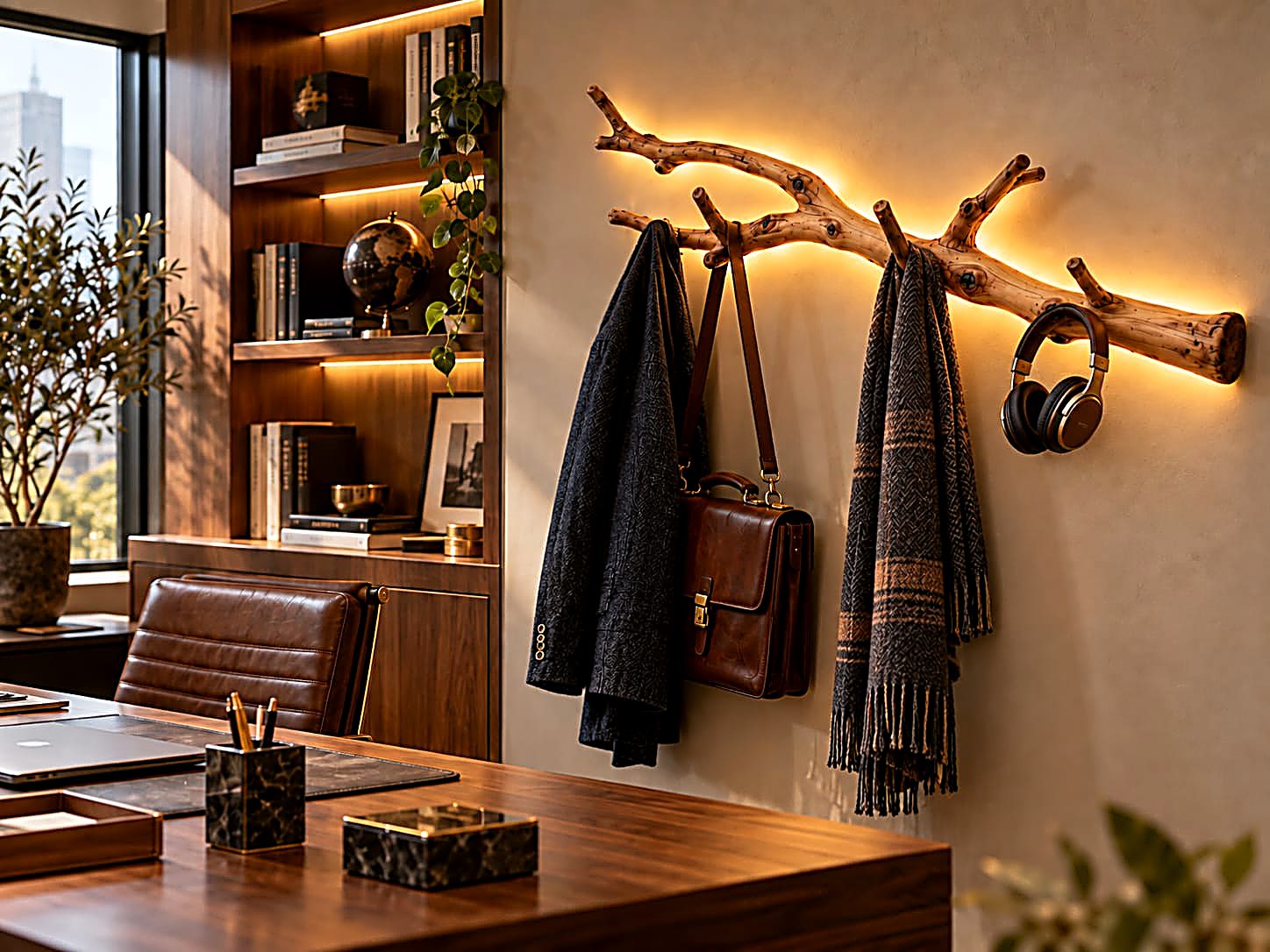 The Branch Light styled in a home office, holding a coat, bag, and headphones