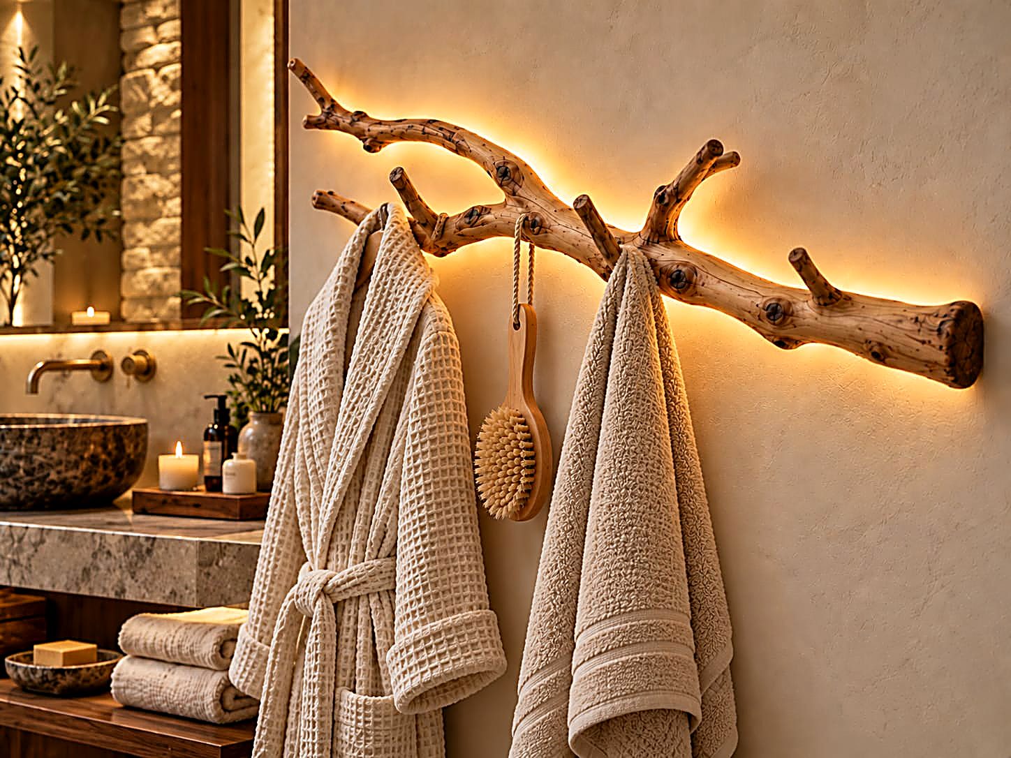 The Branch Light styled in a spa-style bathroom, holding a robe, towel and bath brush