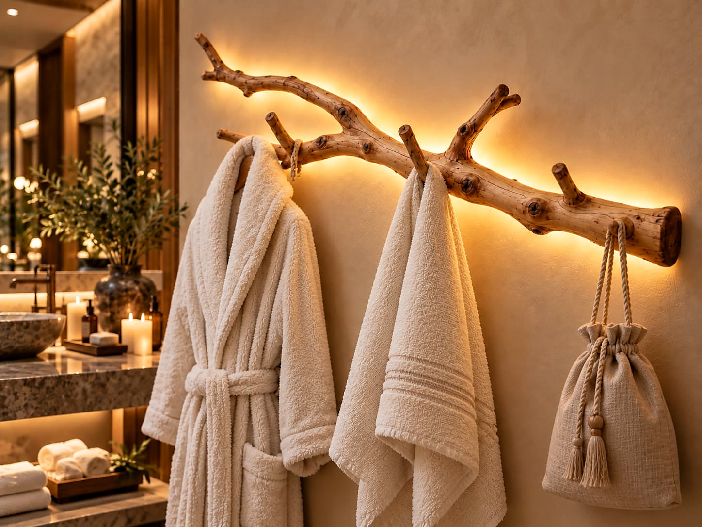The Branch Light styled in a spa-style bathroom, holding a robe, a towel, and a drawstring bag