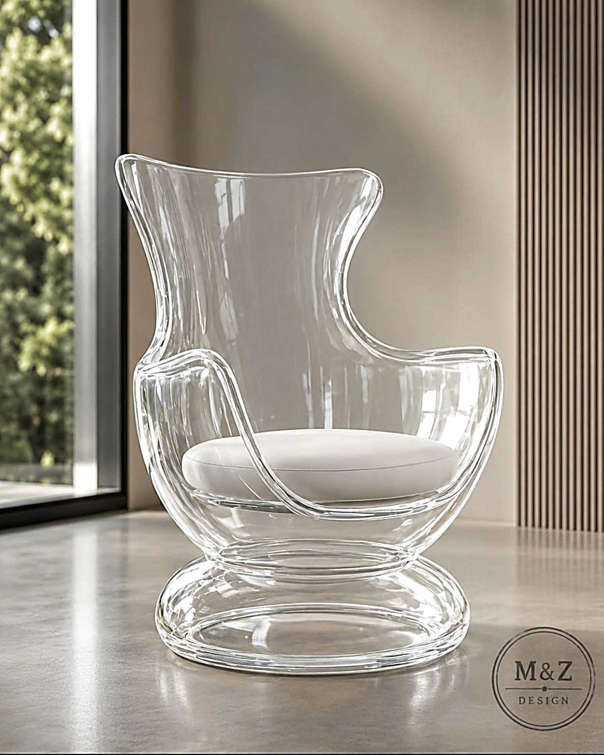 The resulting Transparent Sculptural Chair, translated from the pendant's teardrop form