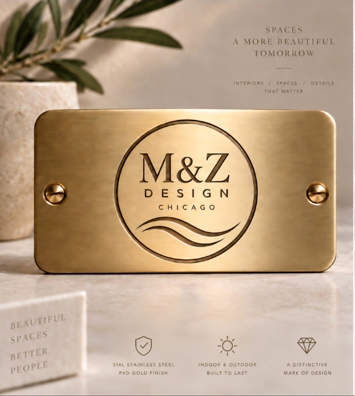 Brushed-gold M&Z Design Chicago maker's plaque in 316L stainless steel with a PVD gold finish