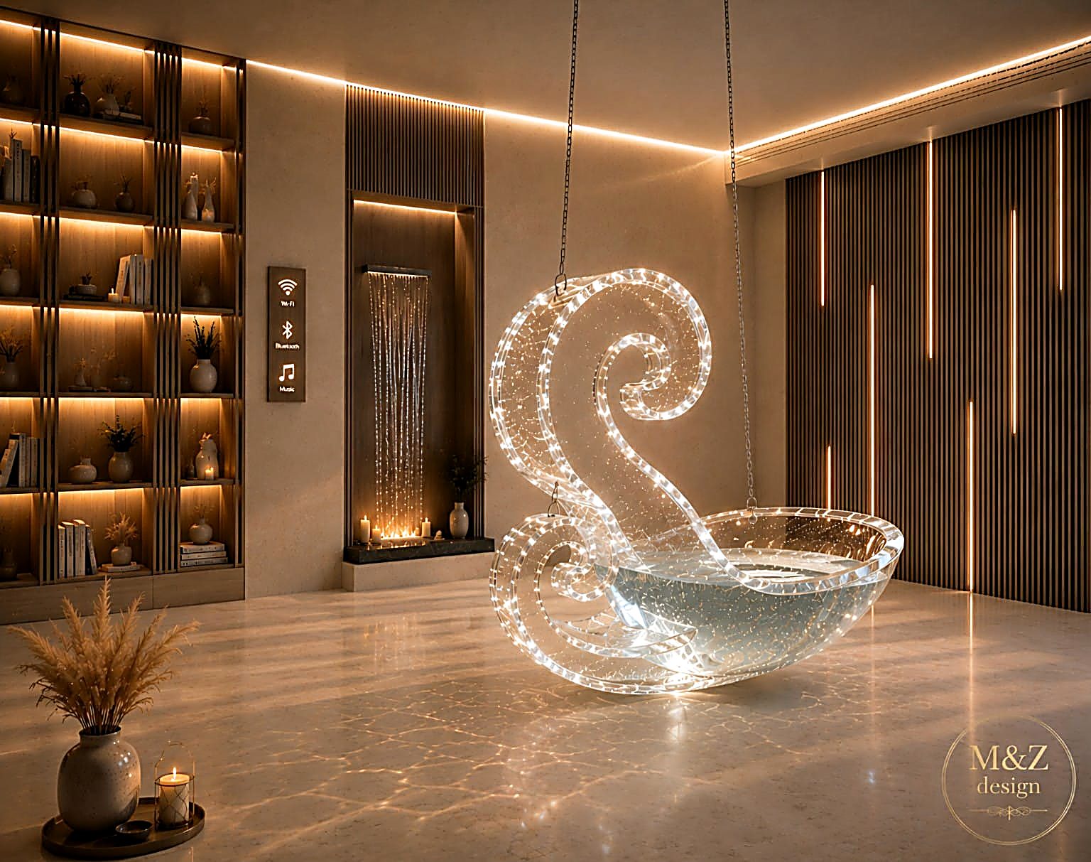 The Musical Waterfall Chair — an illuminated sculptural chair with an integrated, music-responsive waterfall
