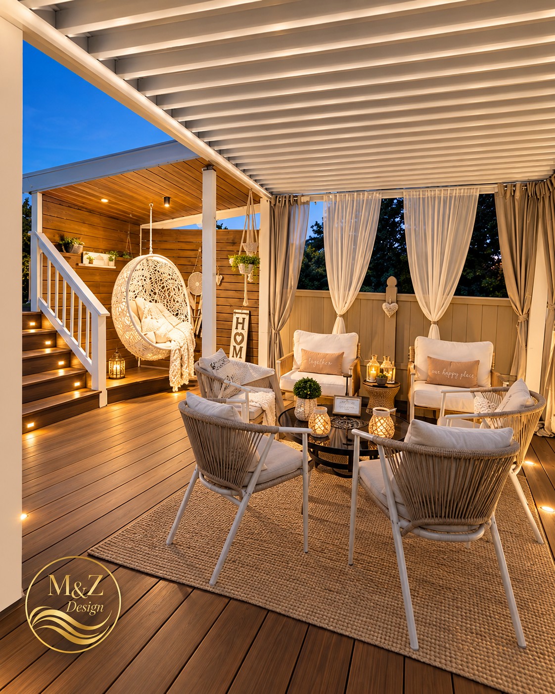 Evening resort-style patio lounge with a hanging egg chair and string-lit stairs