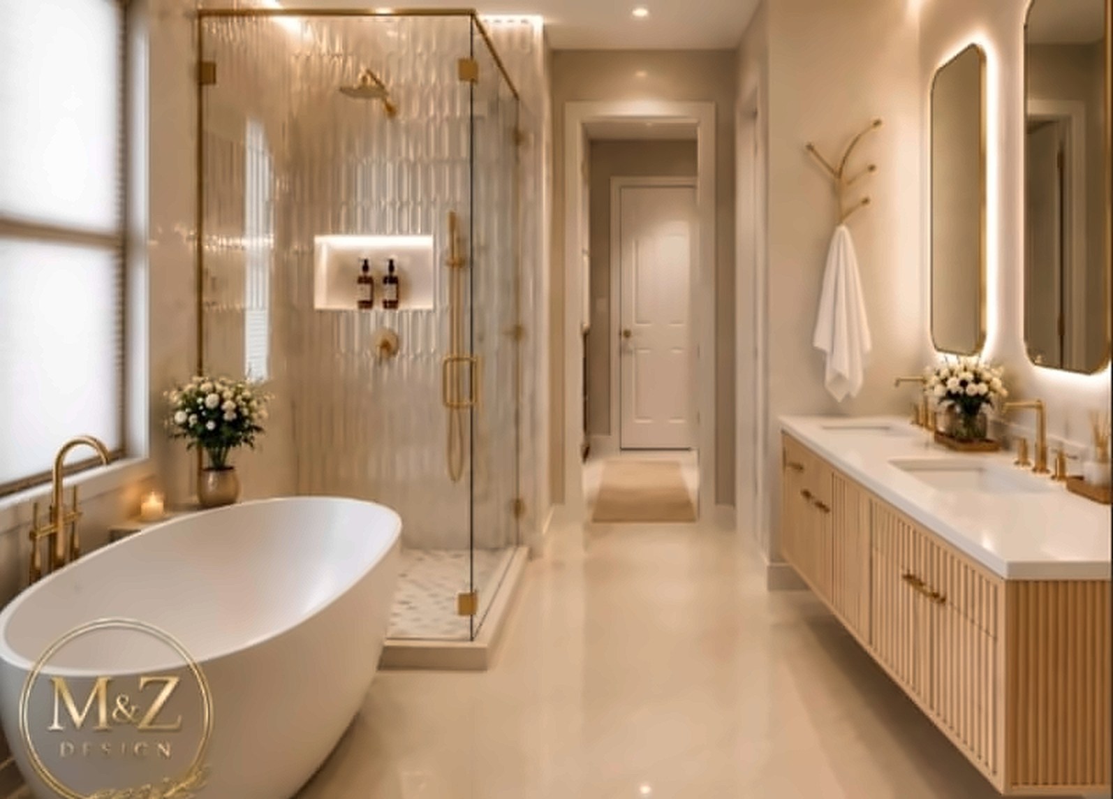 Design concept: the same bathroom with a freestanding tub, fluted glass shower and light wood cabinetry