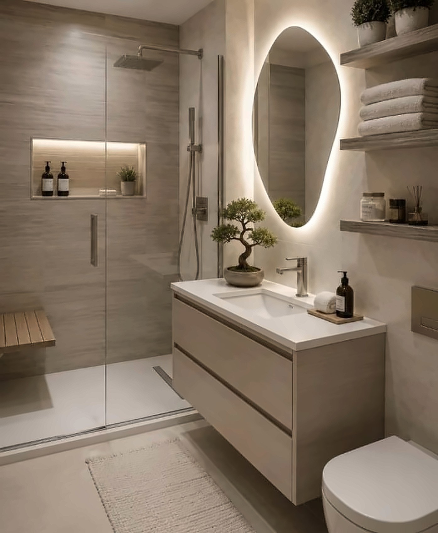A modern bathroom with a glass shower, floating vanity and backlit mirror