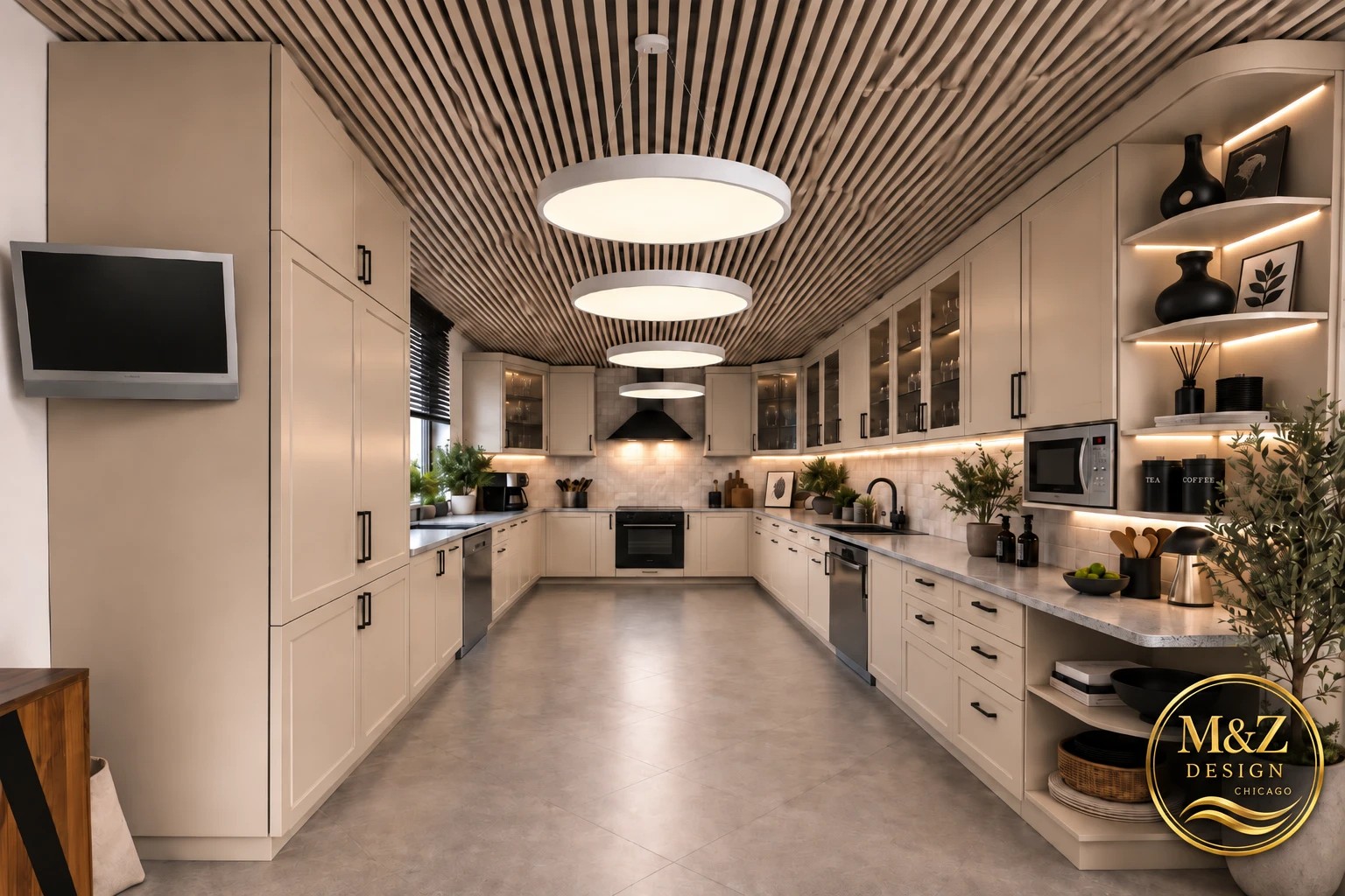 Renovated kitchen with a slatted wood ceiling, round pendant lights and cream cabinetry