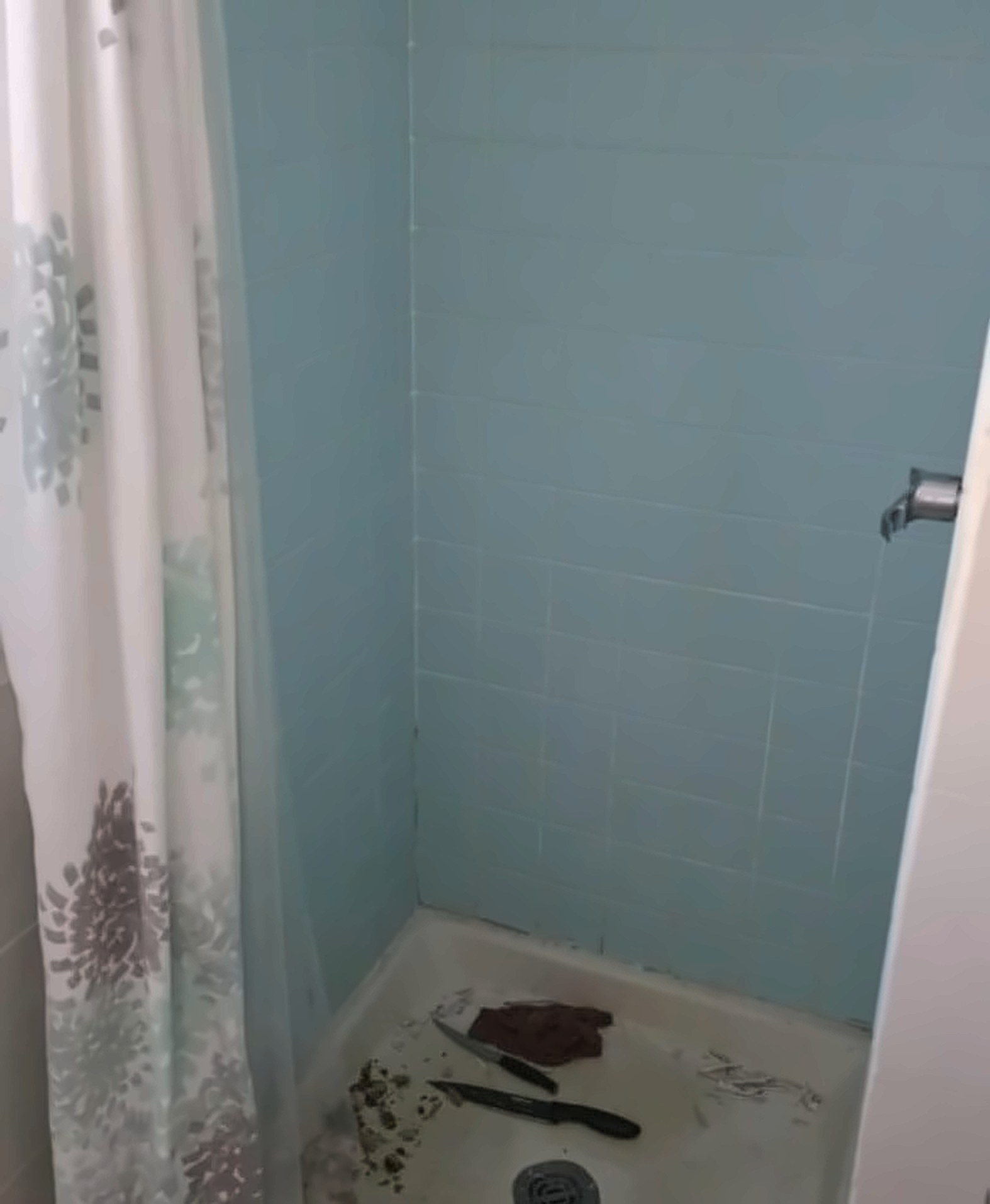 Before: a worn shower stall with dated blue tile